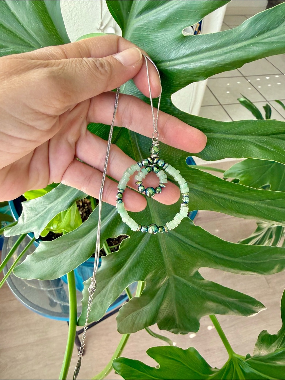 Green Aventurine & Hematite Pendant with Stainless Steel Chain